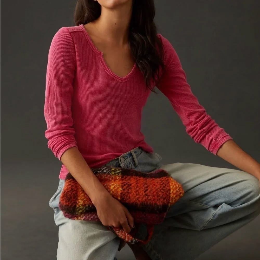 Pilcro Thermal Waffle Knit Top Tee S Notched V-Neck Long Sleeve T Shirt Pink